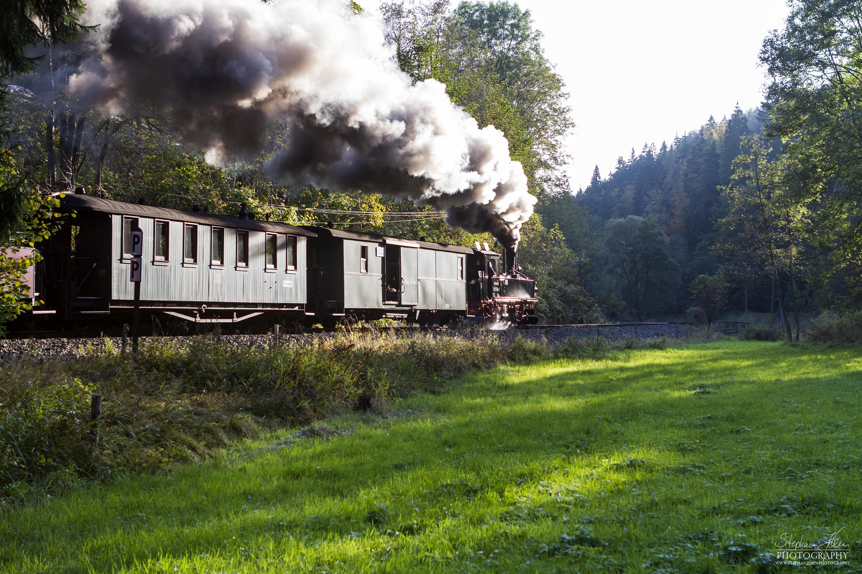 Zug 17 der Preßnitztalbahn von Steinbach nach Jöhstadt kurz nach Steinbach