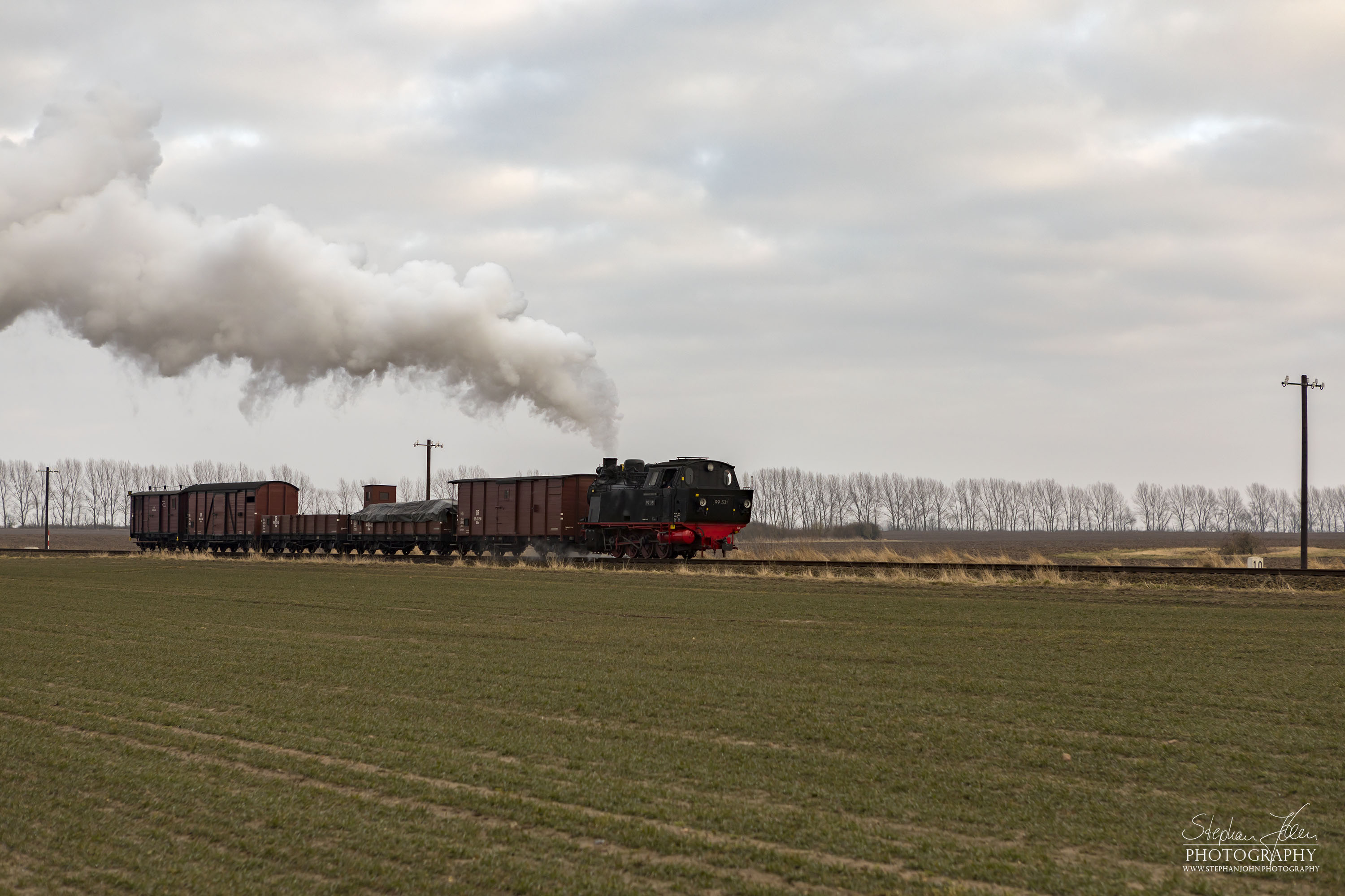 Lok 99 331 mit einem Güterzug der Epoche III zwischen dem Bahnhof Heiligendamm und dem Haltepunkt Steilküste. Die Zugbildung des Güterzuges entspricht der Zeit in den sechziger Jahren, als beim Molli noch Güterzugverkehr durchgeführt wurde.