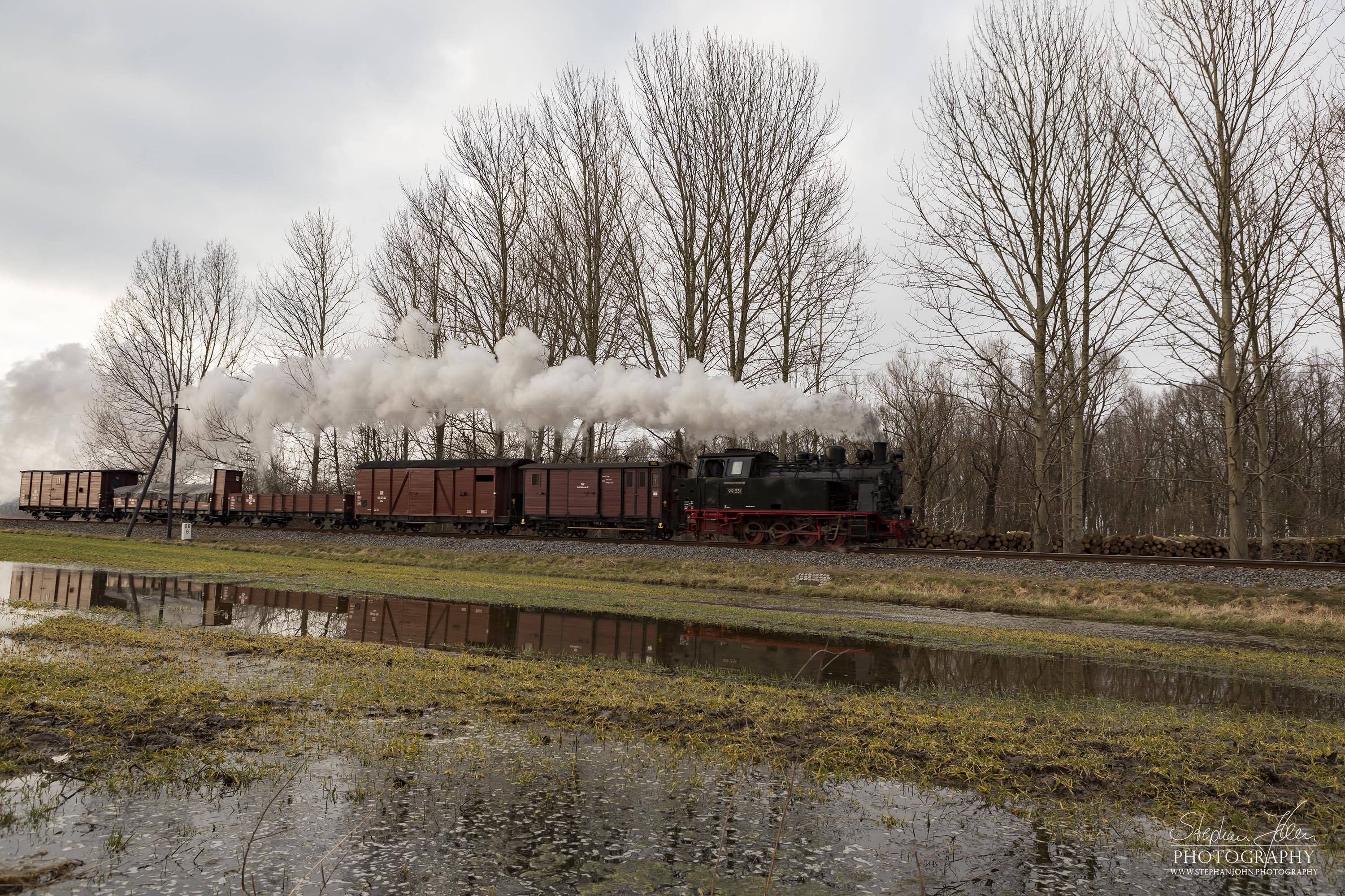 Lok 99 331 mit einem Güterzug der Epoche III zwischen dem Haltepunkt Steilküste und Heiligendamm. Die Zugbildung des Güterzuges entspricht der Zeit in den sechziger Jahren, als beim Molli noch Güterzugverkehr durchgeführt wurde.