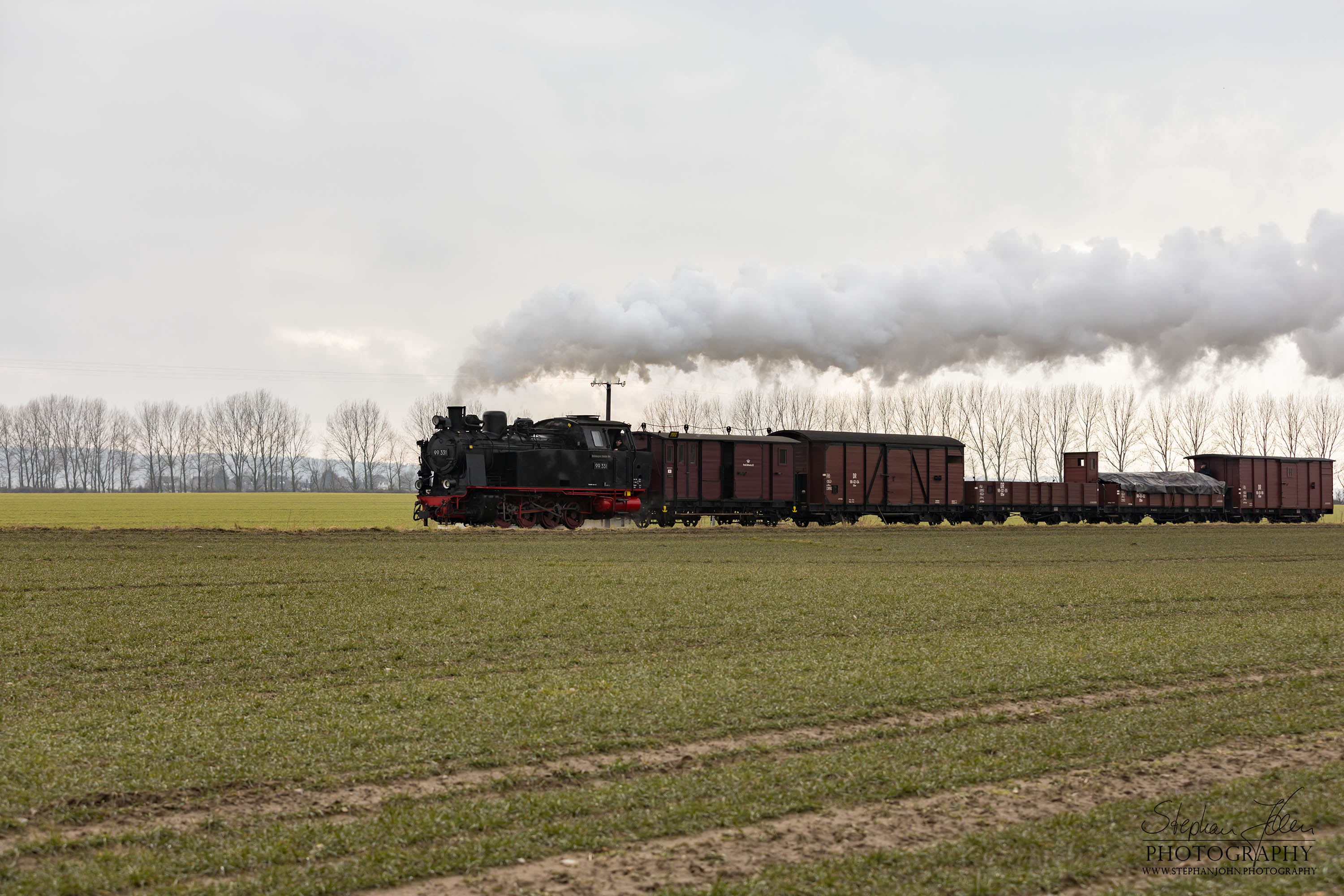 Lok 99 331 mit einem Güterzug der Epoche III zwischen dem Haltepunkt Steilküste und Heiligendamm. Die Zugbildung des Güterzuges entspricht der Zeit in den sechziger Jahren, als beim Molli noch Güterzugverkehr durchgeführt wurde.