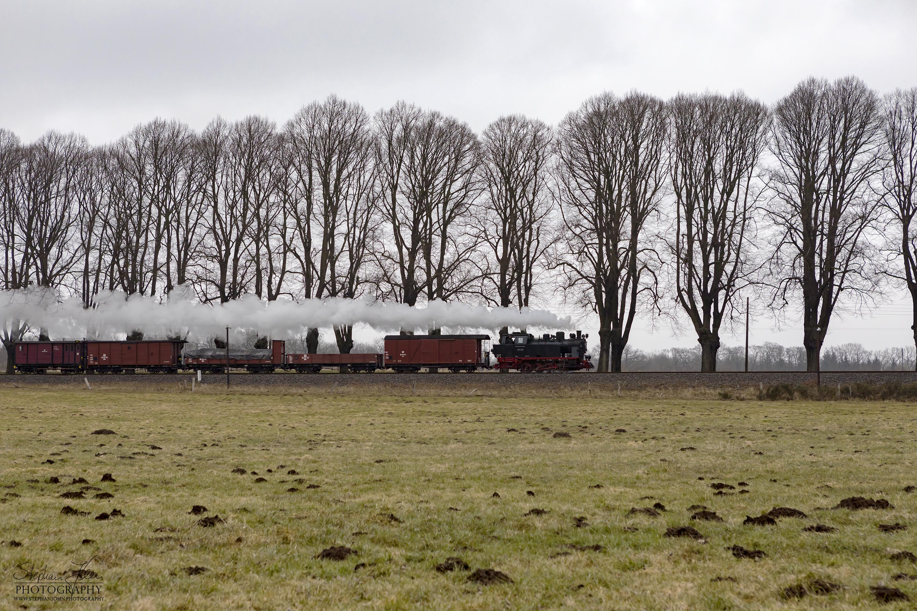 Lok 99 331 mit einem Güterzug der Epoche III zwischen dem Bahnhof Rennbahn und Bad Doberan. Die Zugbildung des Güterzuges entspricht der Zeit in den sechziger Jahren, als beim Molli noch Güterzugverkehr durchgeführt wurde.