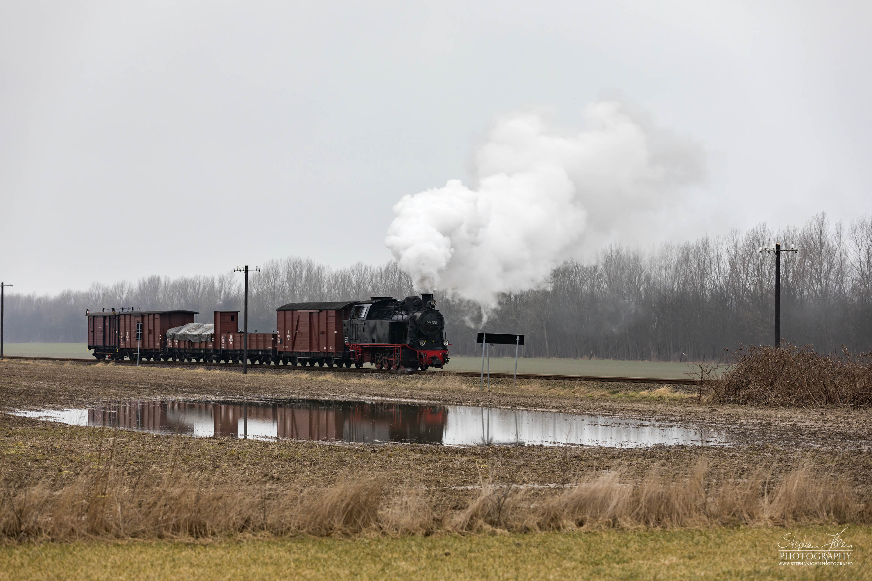 Lok 99 331 mit einem Güterzug der Epoche III kurz vor dem Haltepunkt Steilküste. Die Zugbildung entspricht der Zeit in den sechziger Jahren, als beim Molli noch Güterzugverkehr durchgeführt wurde.