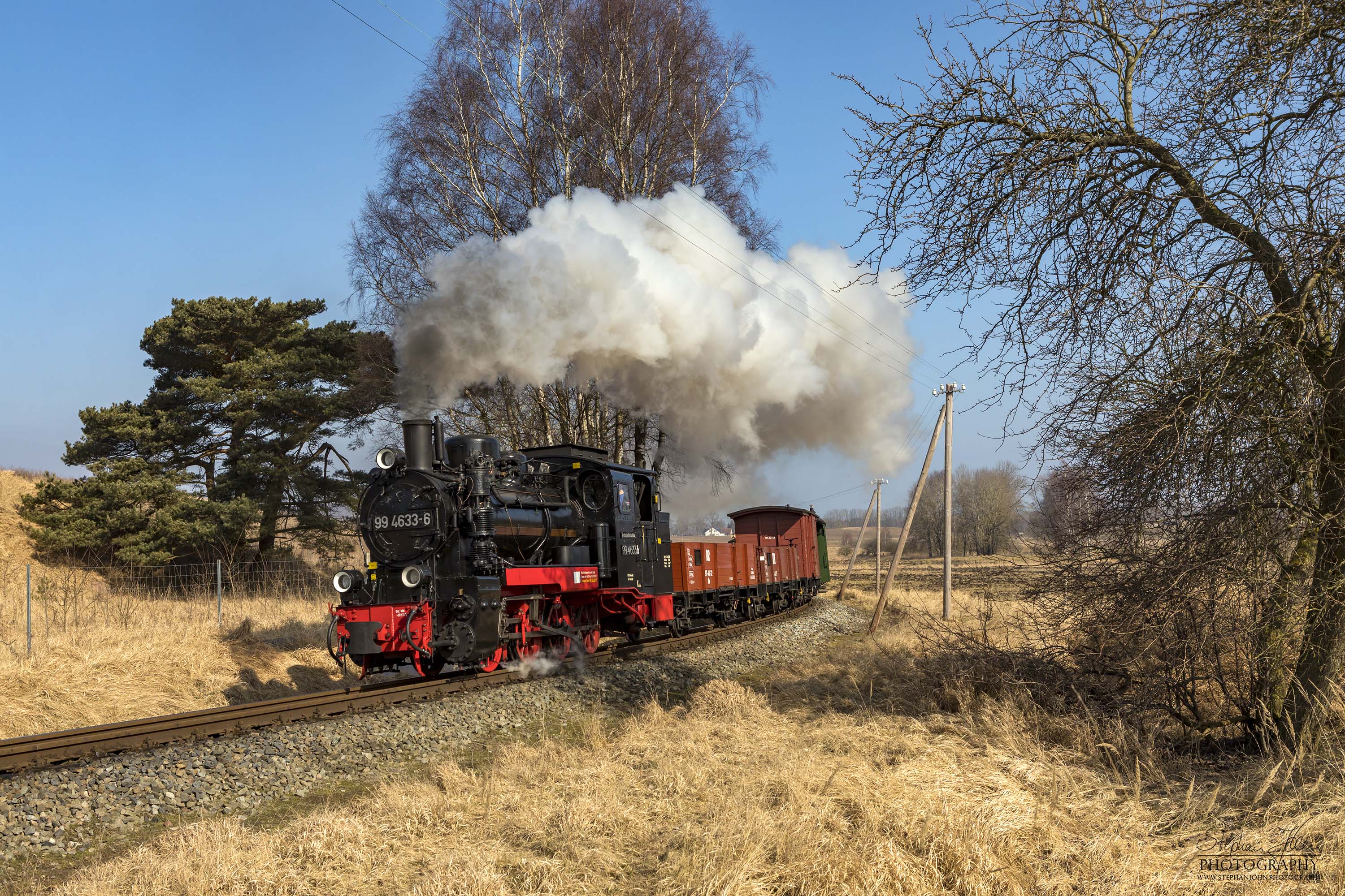 Die Rügen-Lok 99 4633-6 dampft mit einem GmP in Richtung Putbus. Hier werden gerade die Wiesen zwischen Serams und Seelvitz passiert