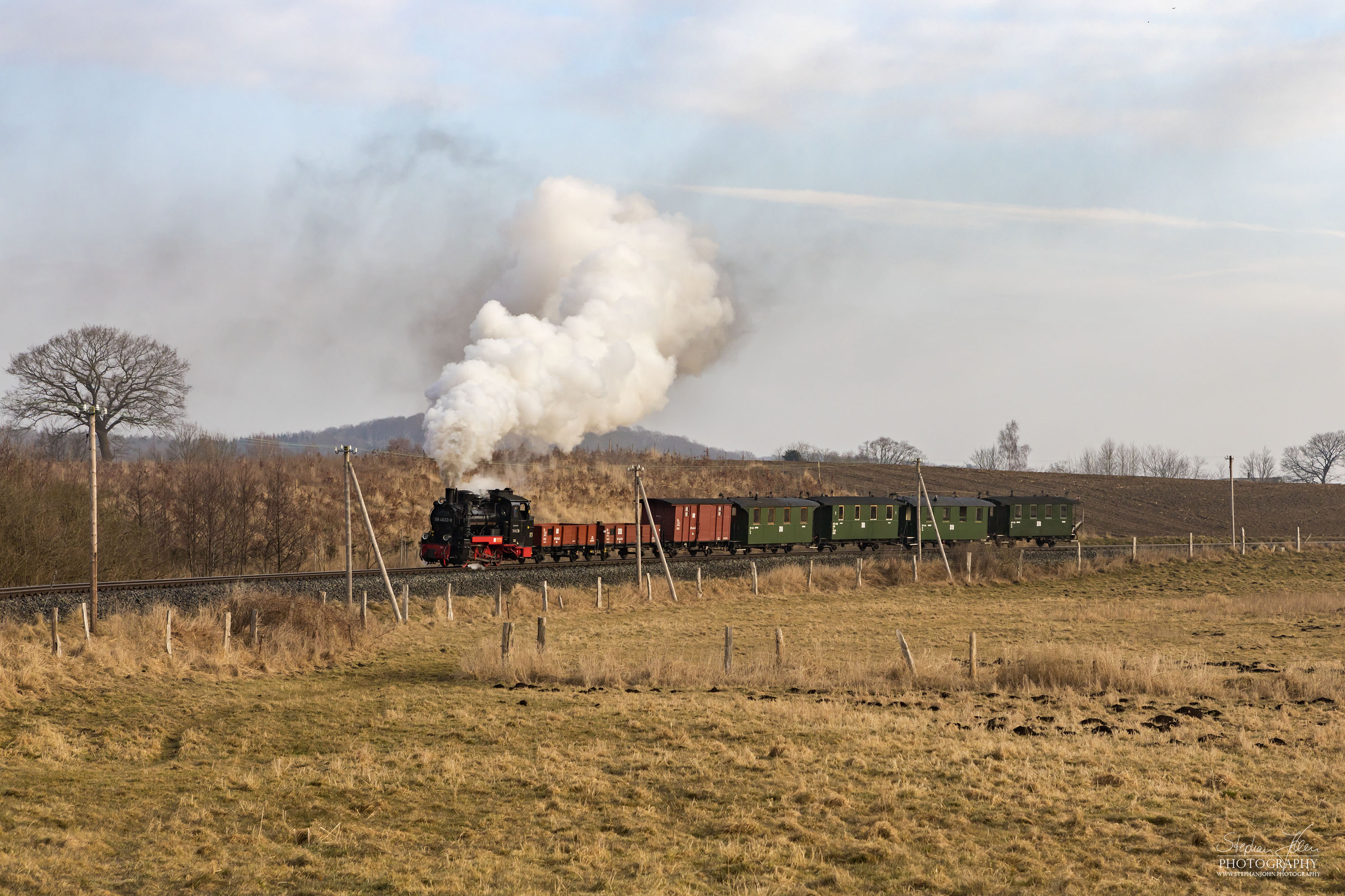 Die Rügen-Lok 99 4633-6 dampft mit einem morgentlichen GmP in Richtung Putbus. Hier werden gerade die Wiesen zwischen Serams und Seelvitz passiert