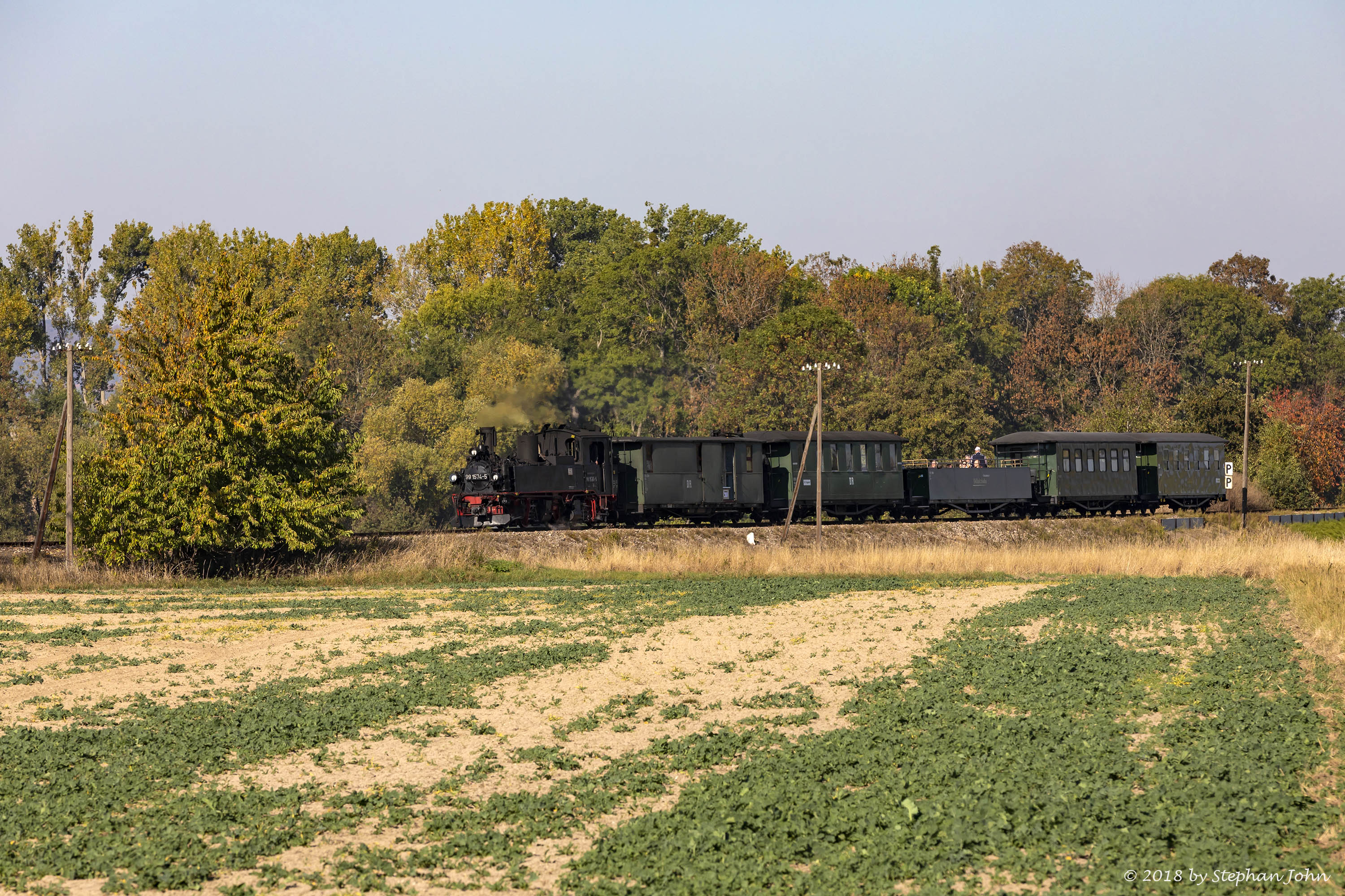 Lok 99 1574-5 mit Zug 212 nach Glossen kurz vor dem Bahnhof Naundorf.