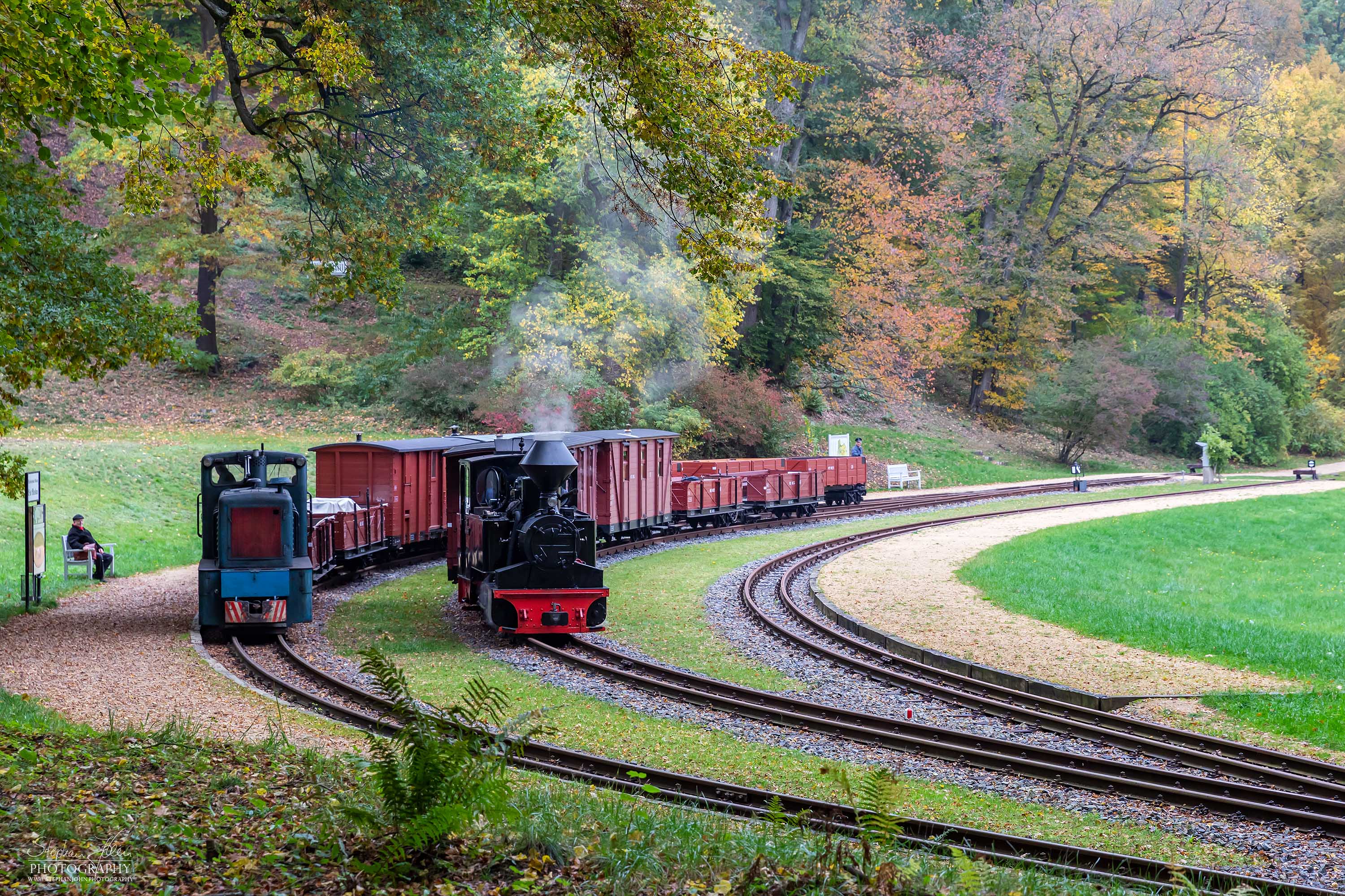 Ein Güzerzug und ein GmP warten in Bad Muskau auf die Abfahrt.