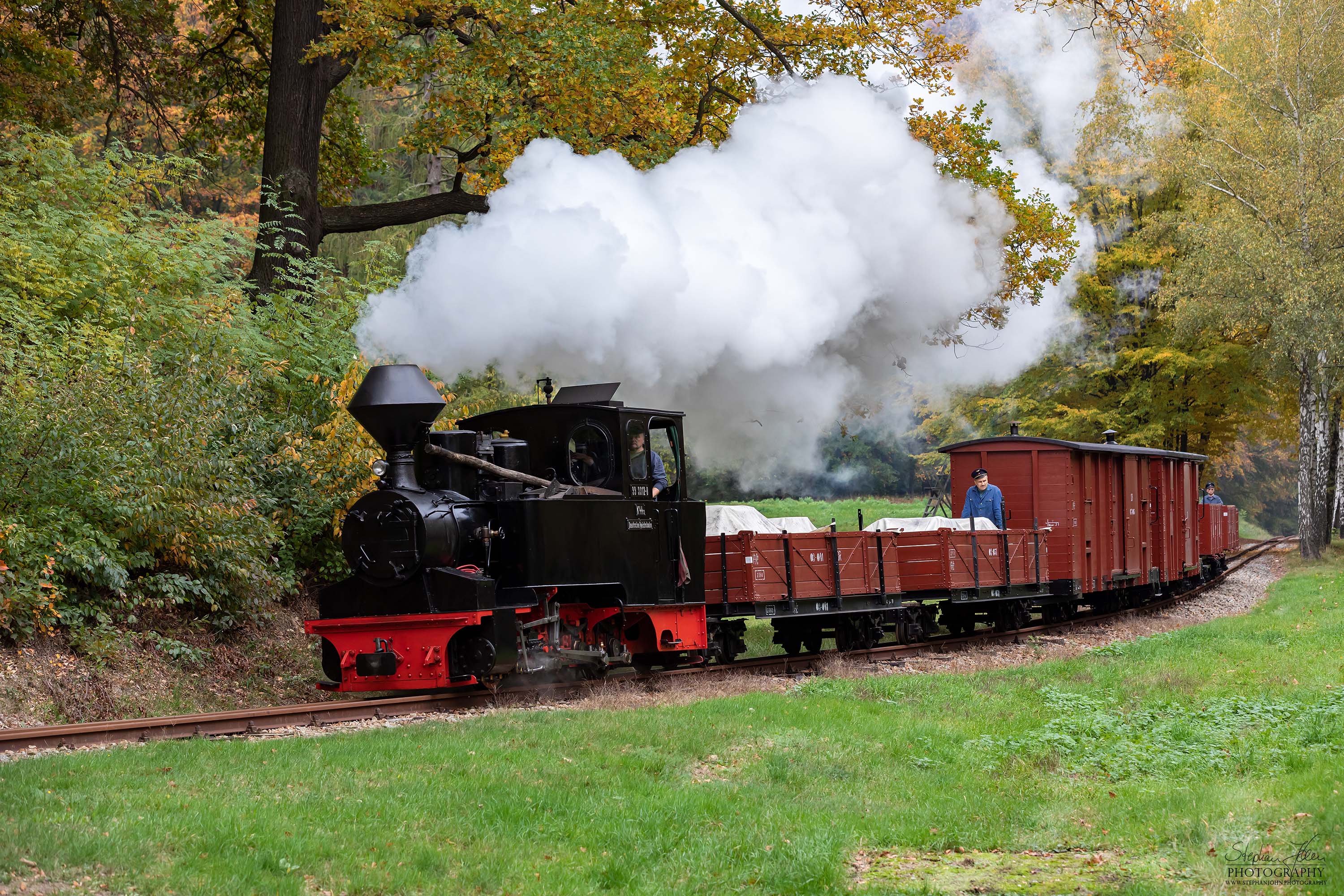 Lok 99 3312-8 mit einem Güterzug von Bad Muskau in Richtung Weißwasser dampft durch den bunten Herbstwald