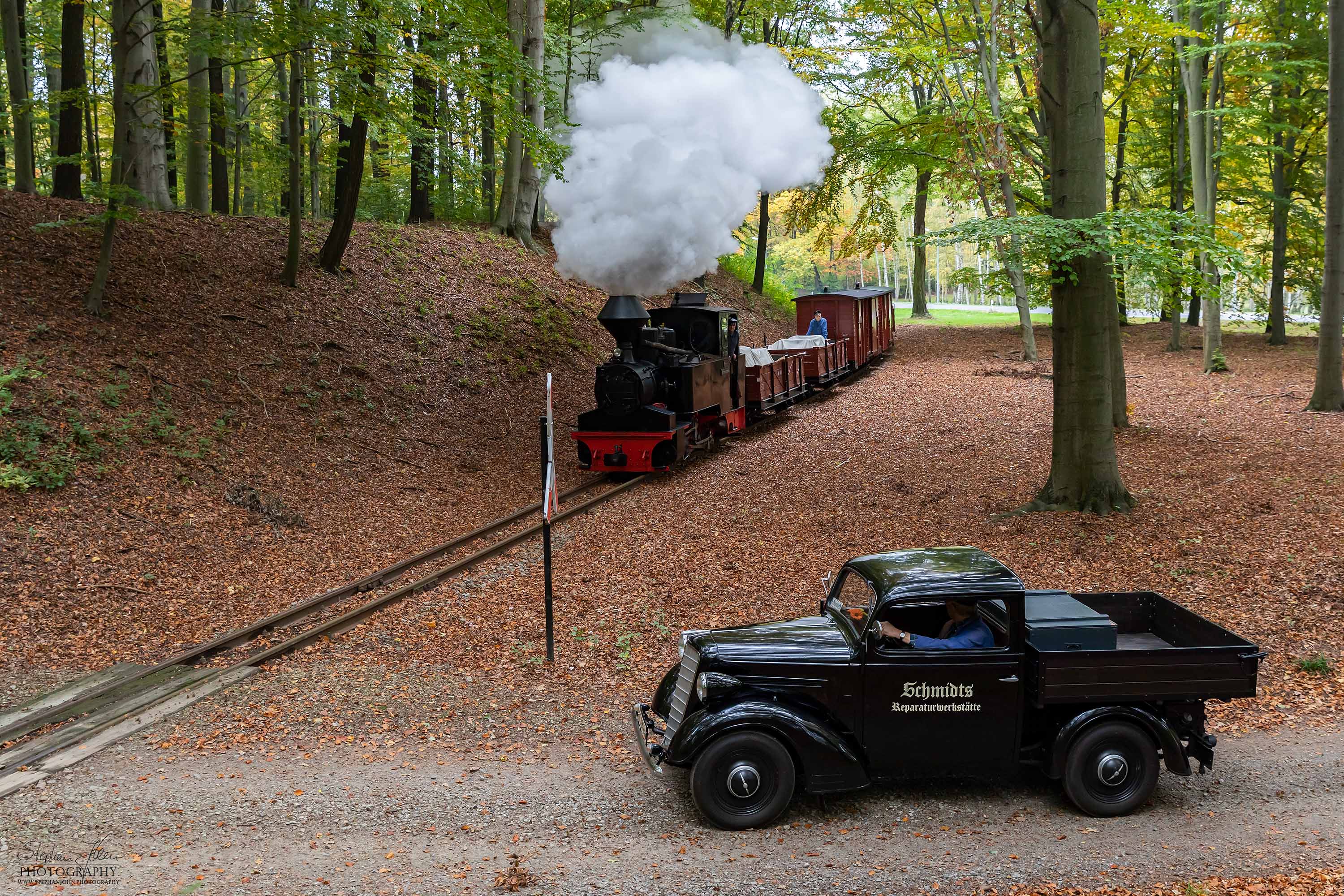 Lok 99 3312-8 mit einem Güterzug von Bad Muskau in Richtung Weißwasser dampft durch den bunten Herbstwald