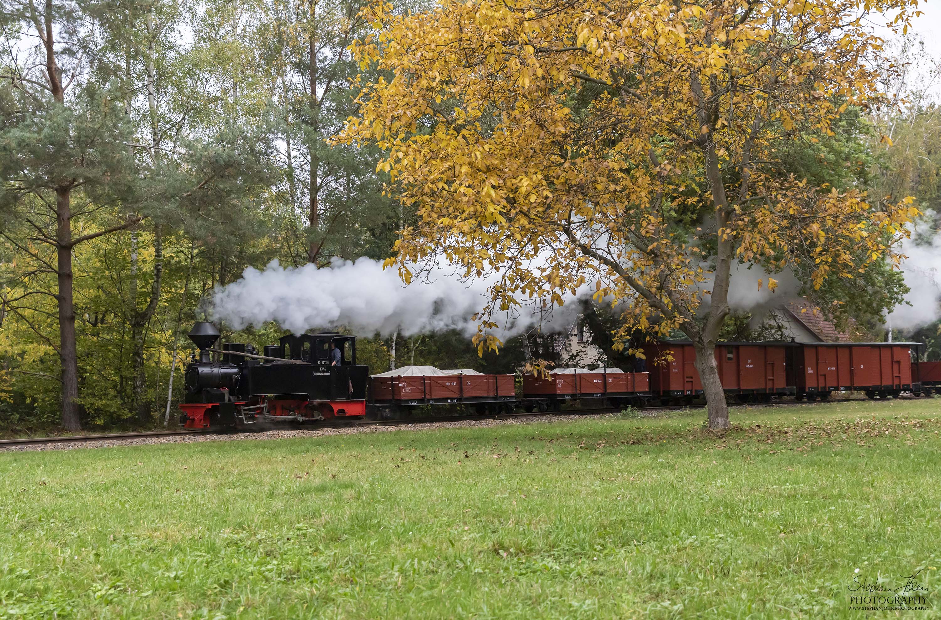 Lok 99 3312-8 dampft mit einem Güterzug von Bad Muskau in Richtung Weißwasser