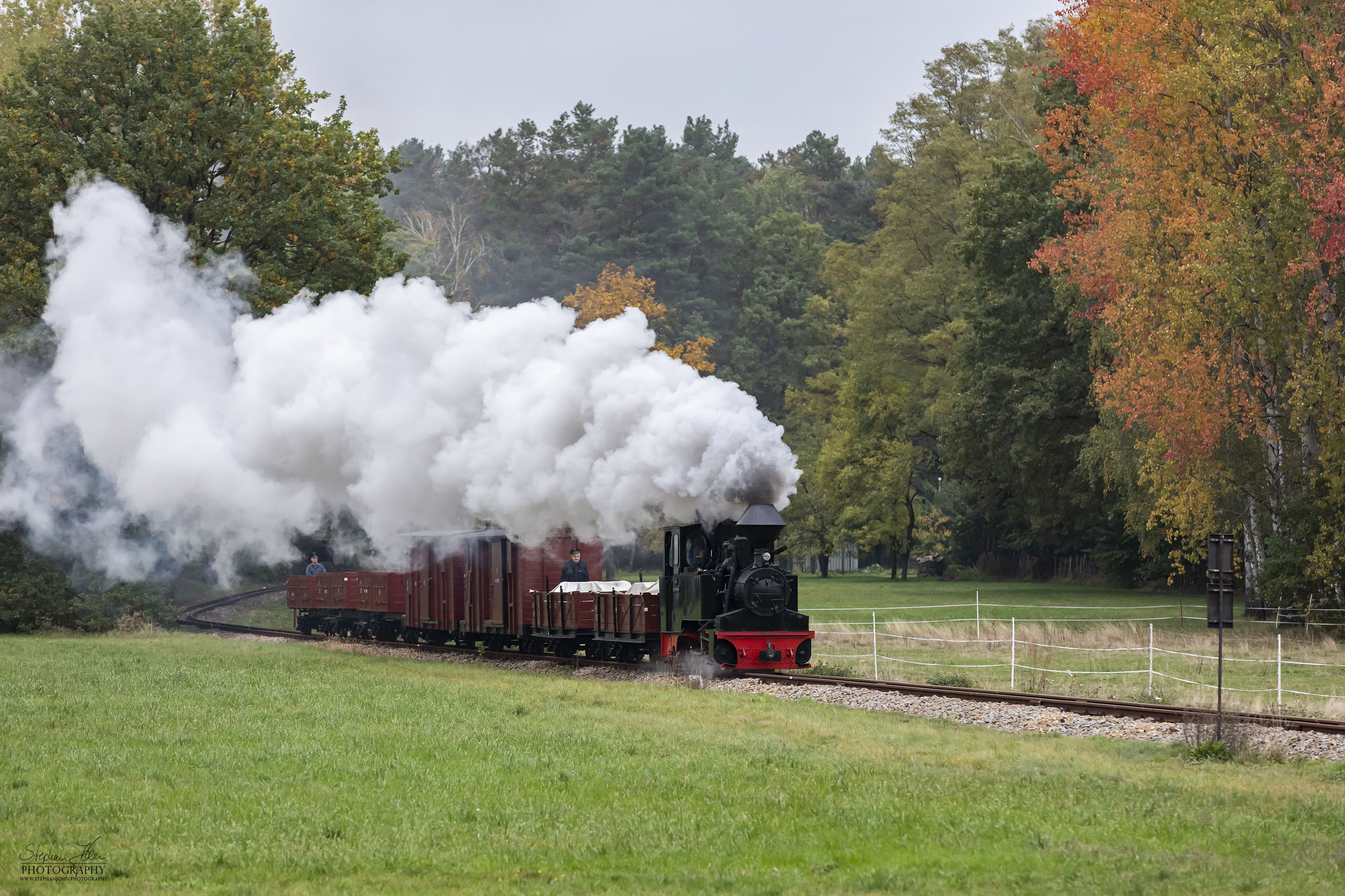 Lok 99 3312-8 dampft mit einem Güterzug von Bad Muskau in Richtung Weißwasser