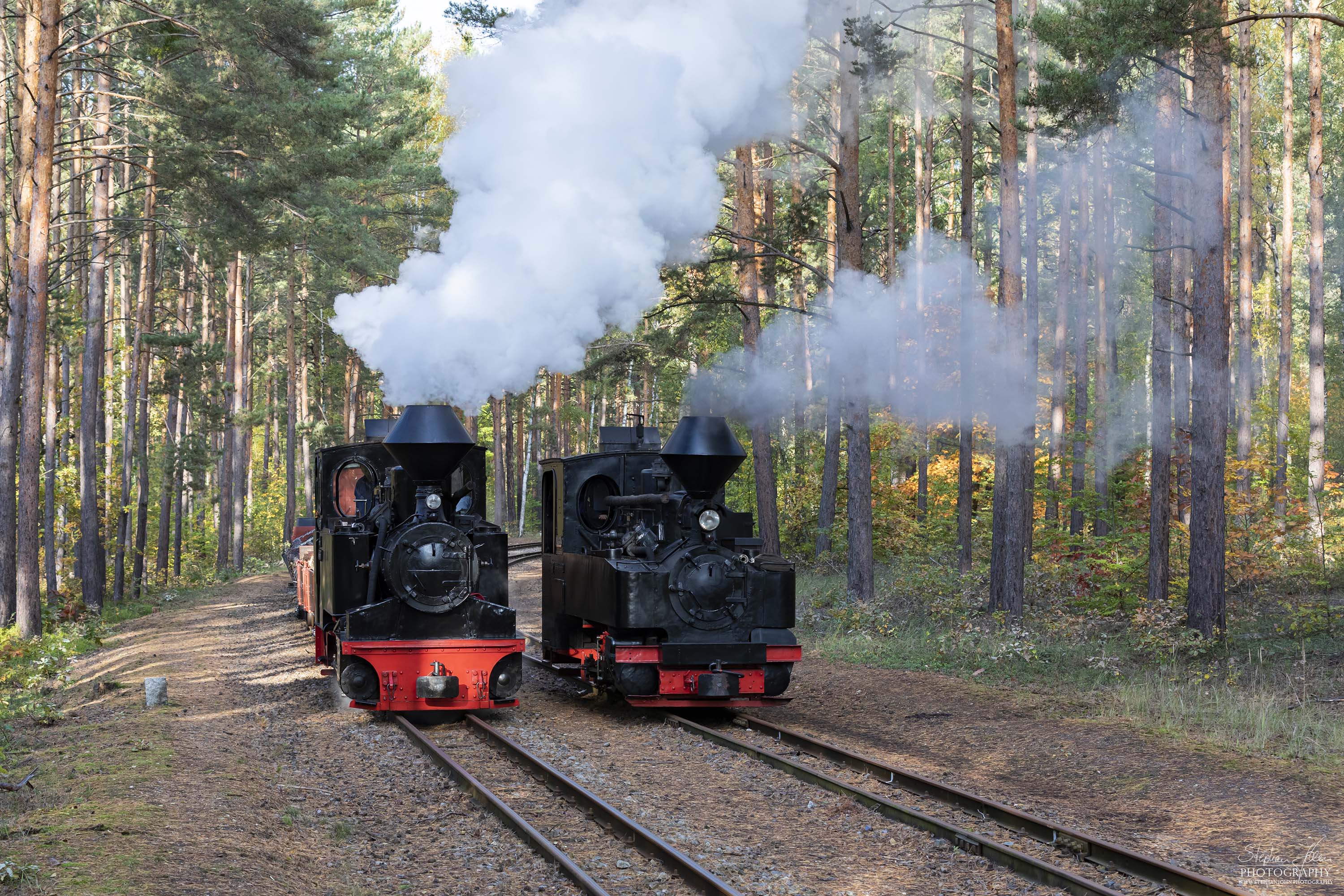 Lok 99 3312 dampft mit einem Güterzug in Richtung Weißwasser. Lok 99 3315 steht in der Überholung und wartet auf Arbeit.