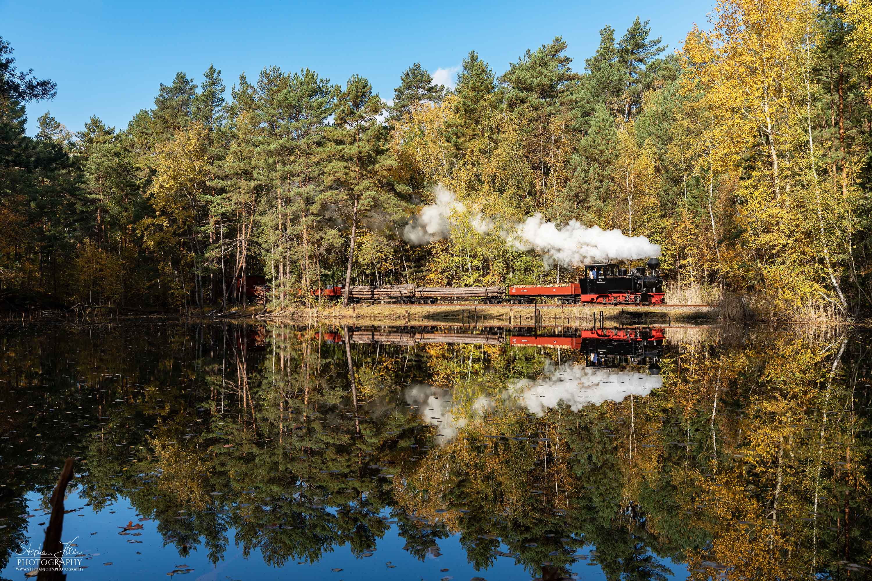 Lok 99 3312 fährt mit einem Holzzug bei bestem Wetter durch den bunten Herbstwald nach Weißwasser