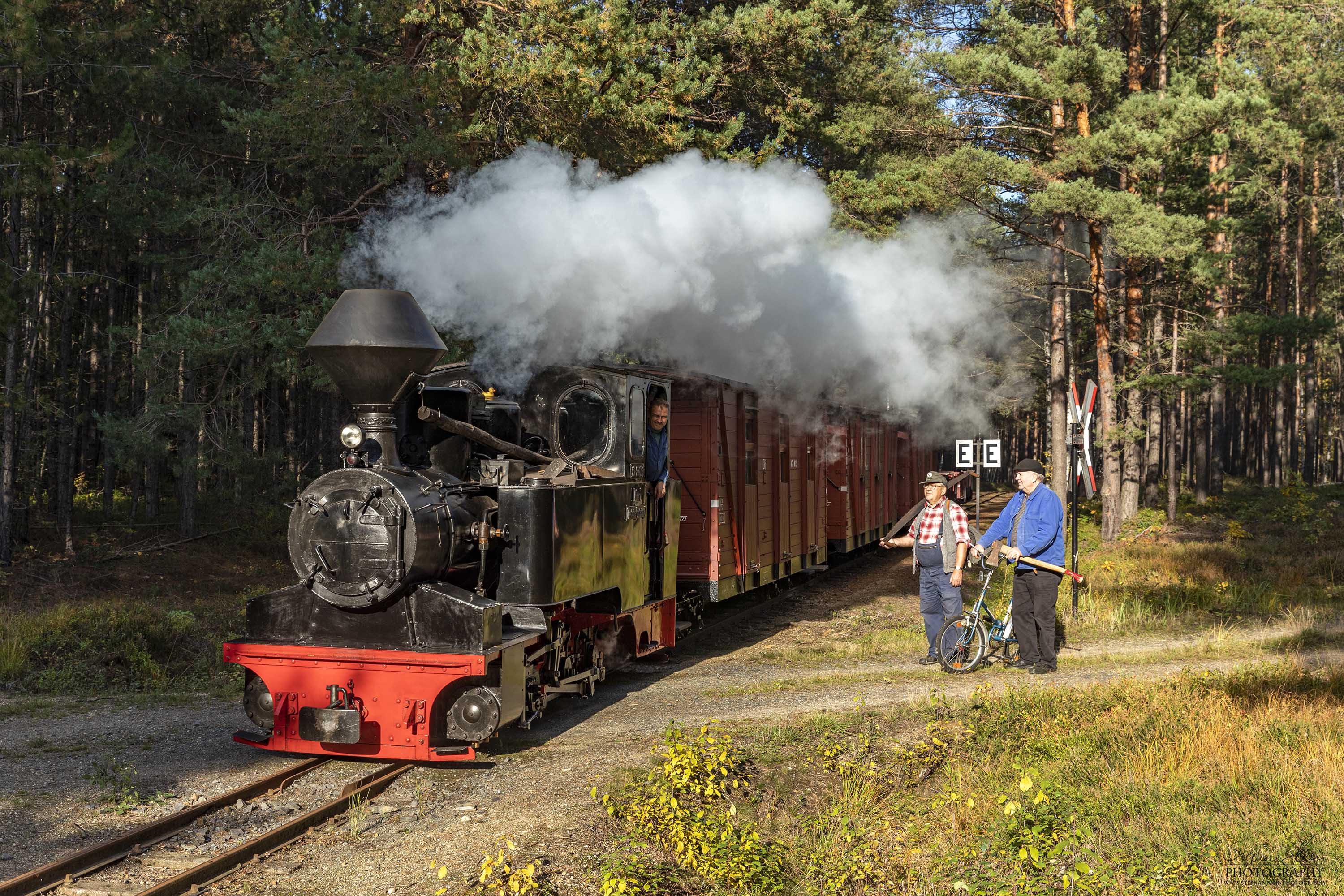 Lok 99 3312 mit einem Güterzug dampft in Richtung Schwerer Berg