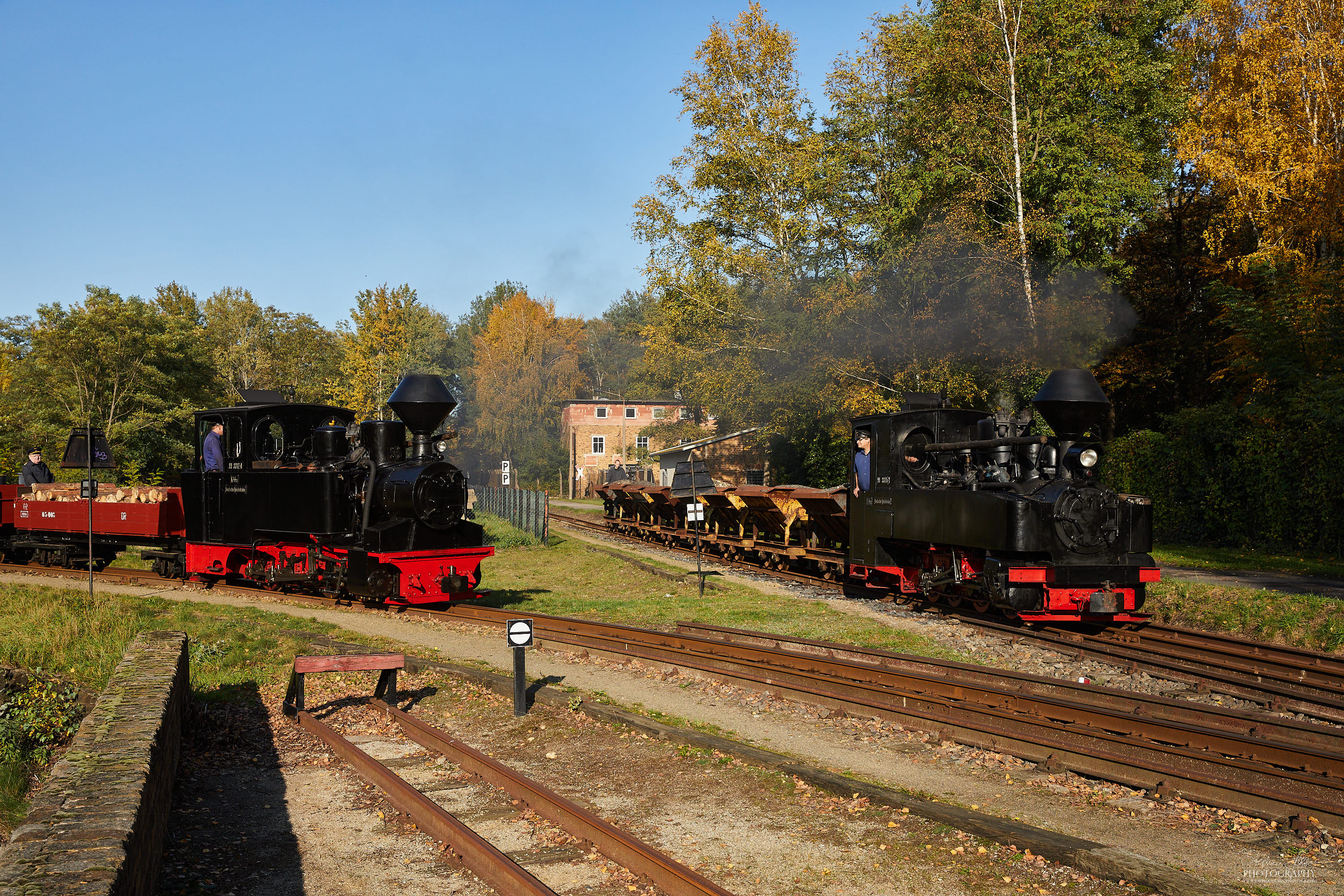 Zwei Züge der Waldbahn Muskau an der Einfahrt nach Weißwasser