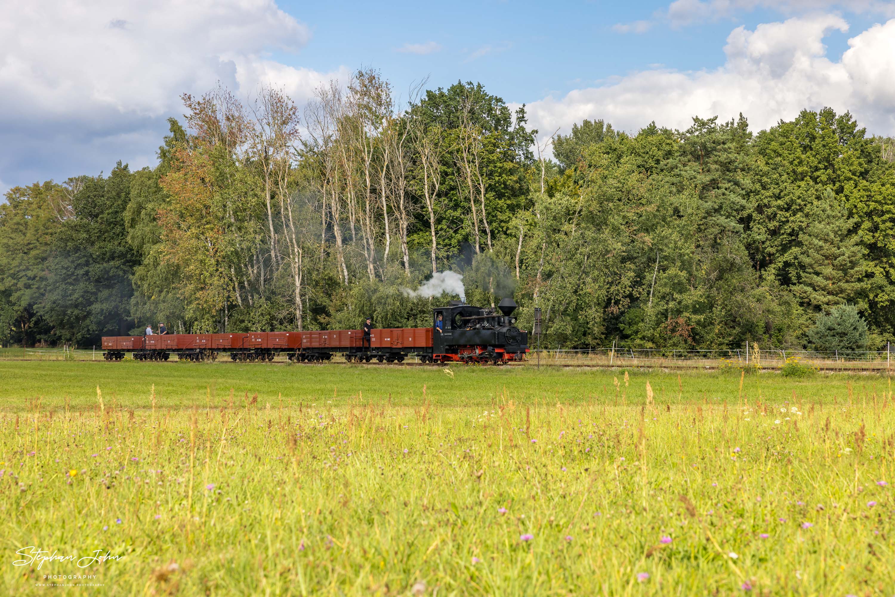 Lok 99 3315-1 dampft mit einem Güterzug in Richtung Weißwasser