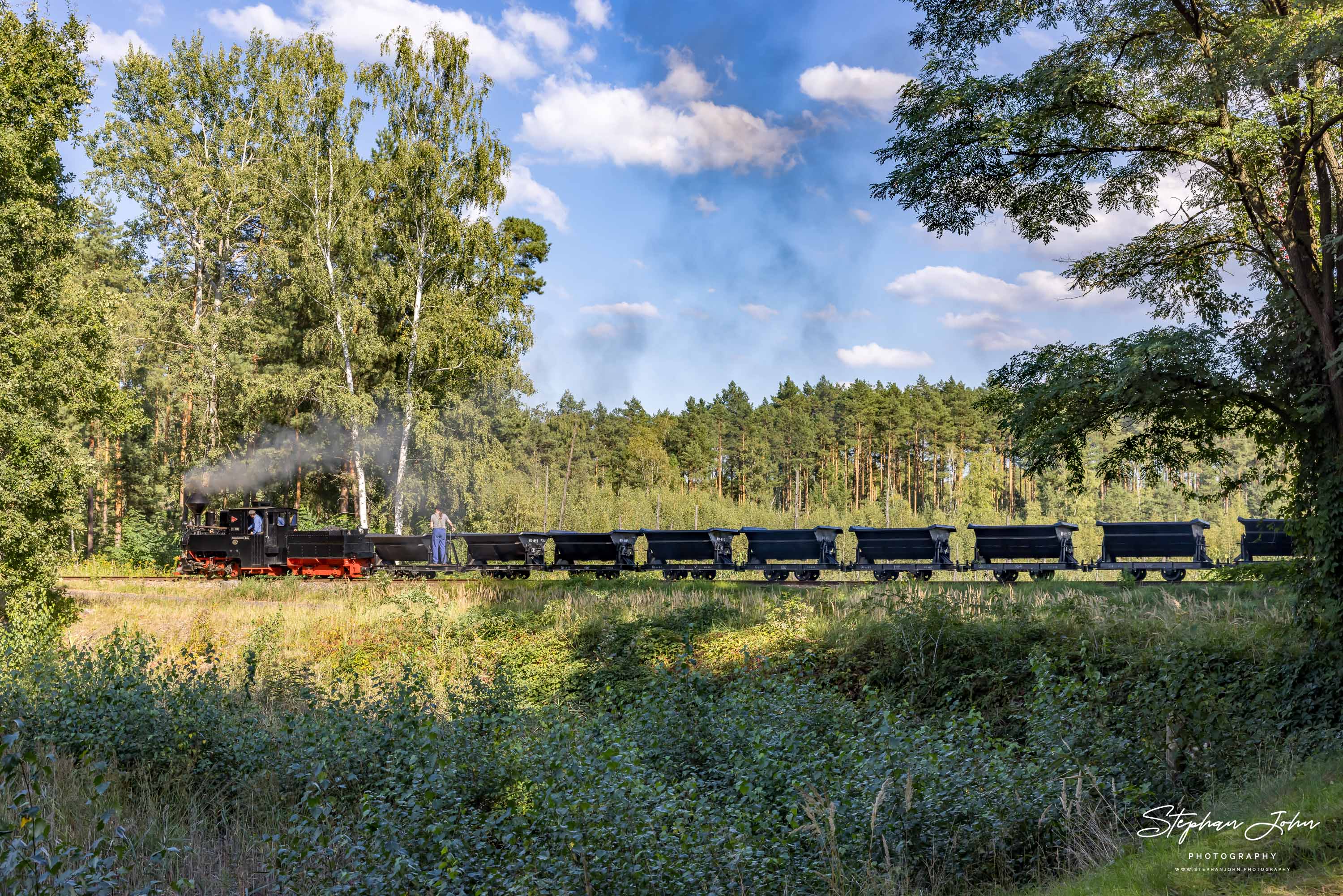 Lok 99 3301 mit einem Lorenzug am Abzweig Kromlau in Richtung Kromlau